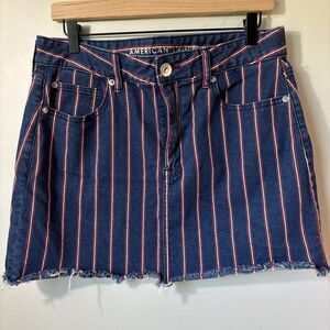 American Eagle Hi Rise Mini Blue Denim Jean Skirt 12 Y2K Preppy Stripe Americana